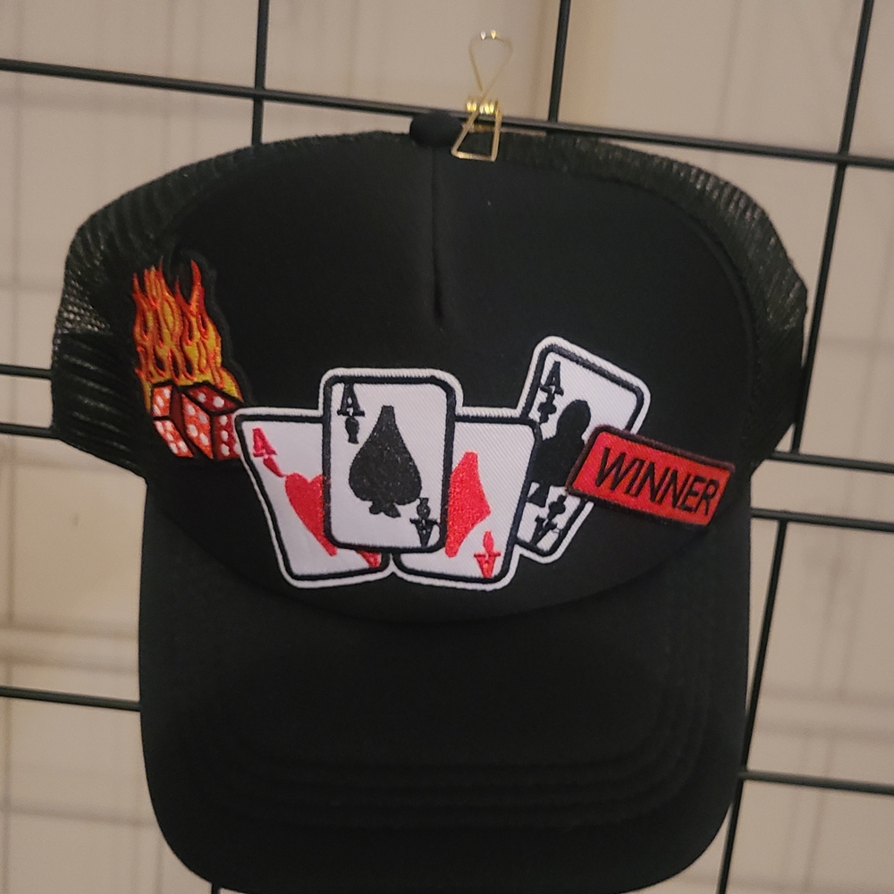 Black Poker Trucker Hat with Playing Cards Patch